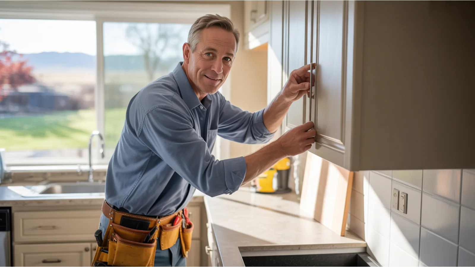 Tim, a friendly handyman in a tool belt installing a kitchen cabinet in a bright Colorado home